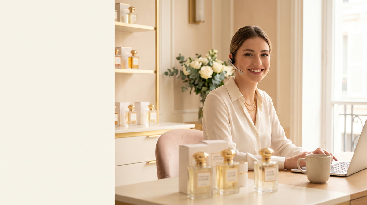 Conseillère du service client Parfum et Soin, flacons de parfum dorés
